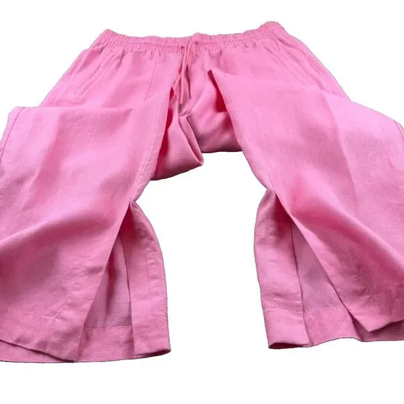 ATHLETA Retreat Linen High Rise Wide Leg Pants Women's L Pink Slit Draw String - Picture 7 of 16